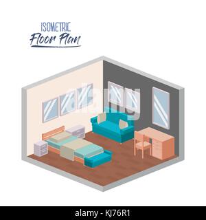 isometric floor plan of bedroom interior colorful silhouette Stock Vector