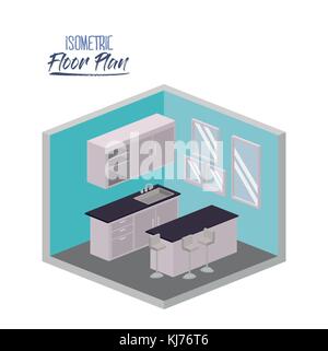 isometric floor plan of kitchen with worktop and cabinet in colorful silhouette Stock Vector
