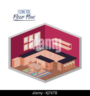 isometric floor plan of kitchen with big worktop and dining room with carpet in colorful silhouette Stock Vector
