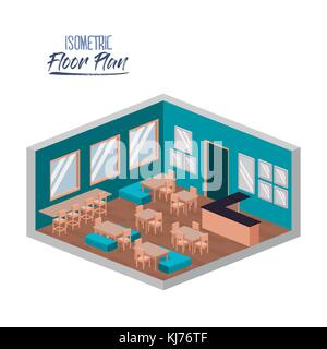 isometric floor plan of school canteen in colorful silhouette Stock Vector
