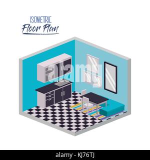 isometric floor plan of home kitchen and dining with checkered floor in colorful silhouette Stock Vector