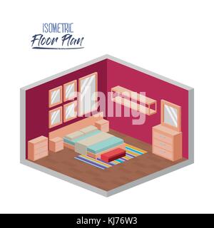 isometric floor plan of bedroom double bed and furnitures in colorful silhouette Stock Vector