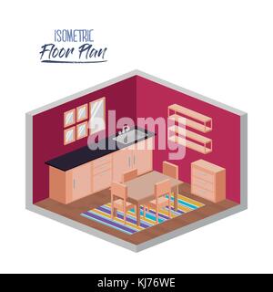 isometric floor plan of kitchen and dining room with carpet in colorful silhouette Stock Vector