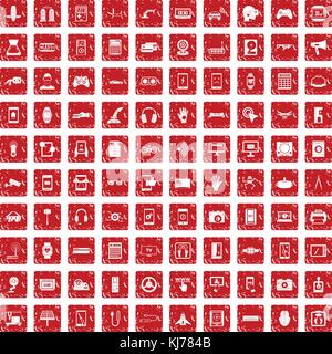 100 adjustment icons set grunge red Stock Vector
