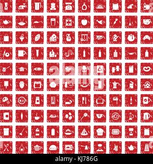 100 kitchen icons set grunge red Stock Vector