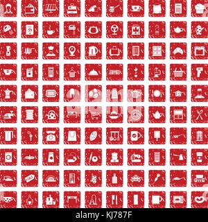 100 kitchen utensils icons set grunge red Stock Vector