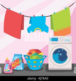 Laundry room service vector illustration, flat cartoon working washing machine with linen basket, clothesline and detergent isolated on color background. Stock Vector