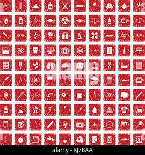 100 laboratory icons set grunge red Stock Vector