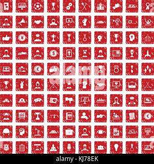 100 leadership icons set grunge red Stock Vector