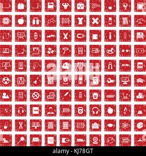 100 learning kids icons set grunge red Stock Vector