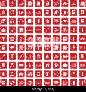 100 library icons set grunge red Stock Vector