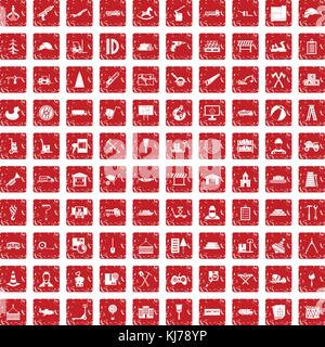 100 lorry icons set grunge red Stock Vector