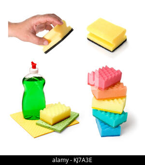 Plastic bottles of cleaning products and sponges . Isolated on white background. Stock Photo