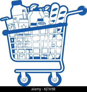 supermarket shopping cart with foods sausage and bread apples and drinks orange juice and water bottle and lacteal in blue silhouette Stock Vector
