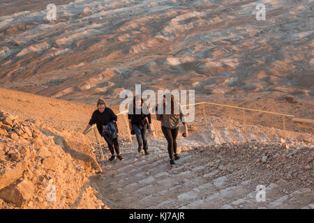 Tourists climbing on steps, Masada, Judean Desert, Dead Sea Region, Israel Stock Photo