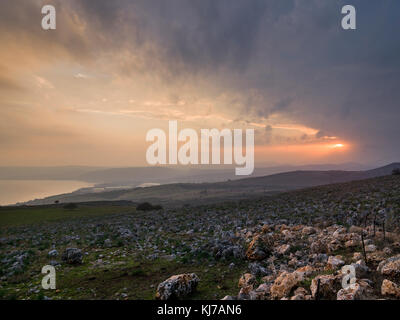 Sunrise over landscape, Vered HaGalil, Sea of Galilee, Galilee, Israel Stock Photo