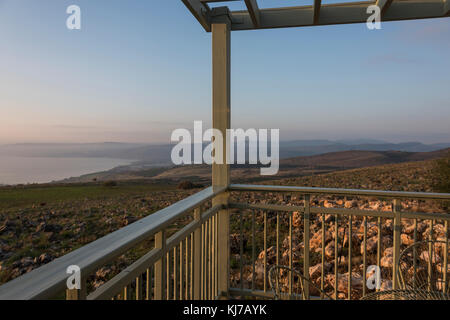 Sunrise over Sea of Galilee seen from balcony, Galilee, Israel Stock Photo