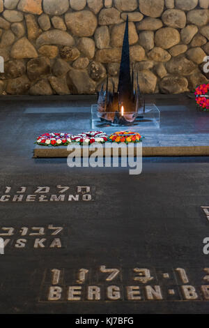 Names of martyrs on floor in memorial and Eternal Flame, Hall Of Remembrance, Yad Vashem, Jerusalem, Israel Stock Photo