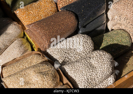 Grocery products for sale at market stall, Carmel Market, Tel Aviv, Israel Stock Photo