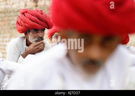 Elder Rabari man from countryside drinking from a cup on a men meeting, Rajasthan, India. Stock Photo