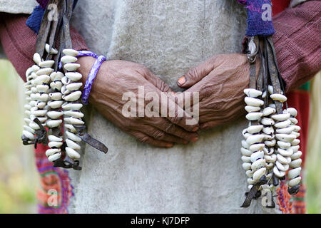 Hands of Aryan woman in traditional dress, Dah Hanu, Ladakh; Jammu and Kashmir, India. Stock Photo