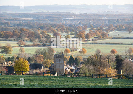 Bourton on the hill in autumn at sunrise. Bourton on the hill, Cotswolds, Gloucestershire, England Stock Photo
