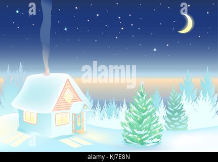 Night Winter landscape with house and forest. Stock Vector