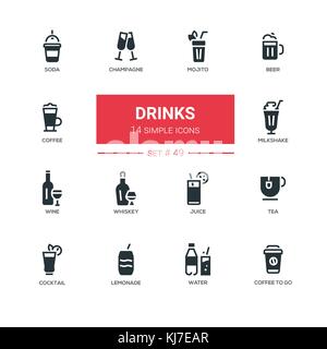Food theme, alcohol and soft drinks - line design icons set. Stock Vector