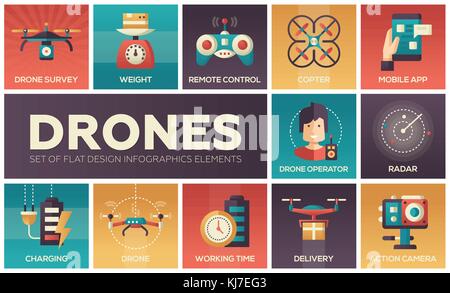 Drones - set of flat design infographics elements Stock Vector