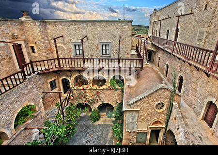 The inner coutyard of Toplou monastery, close to famous Vai beach, Sitia, Lasithi prefecture, Crete, Greece. Stock Photo