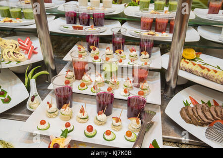 Selection display of a la carte cold meat salad food at a luxury restaurant buffet bar area Stock Photo