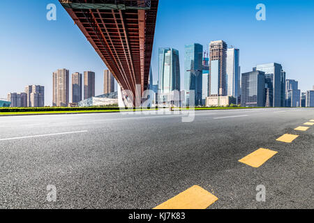 Panoramic skyline and buildings with empty road，chongqing city，china Stock Photo