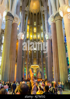 Barcelona, Spain - 11 Nov 2016: Spectacular interior of Barcelona's Sagrada Familia cathedral. Stock Photo