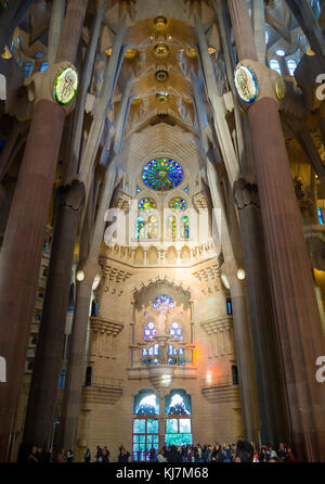 Barcelona, Spain - 11 Nov 2016: Spectacular interior of Barcelona's Sagrada Familia cathedral. Stock Photo