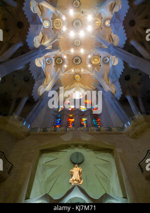Barcelona, Spain - 11 Nov 2016: Spectacular interior of Barcelona's Sagrada Familia cathedral. Stock Photo