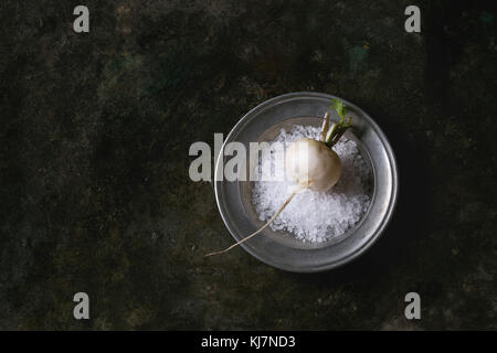 Whole white fresh organic radish in metal plate with sea salt over dark metal texture background. Top view with copy space. Vegetarian concept