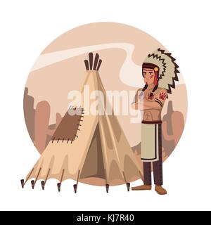 Aztec tribe people in wild desert landscape vector illustration