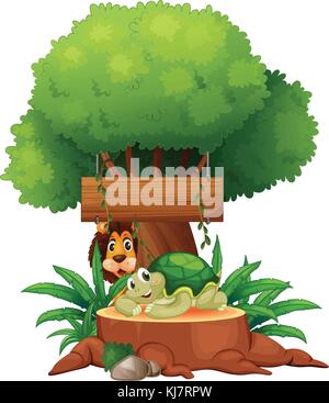Illustration of a turtle and a lion under the tree with a wooden signboard on a white background Stock Vector
