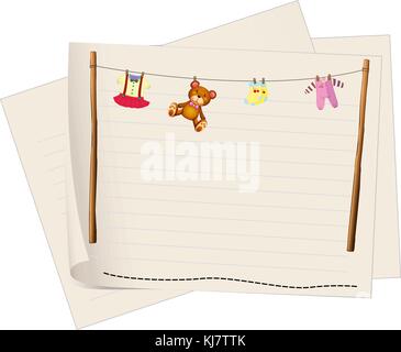 Illustration of a paper with a drawing of hanging clothes on a white background Stock Vector