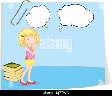 Illustration of a paper with a pin and a girl with empty callouts on a white background Stock Vector