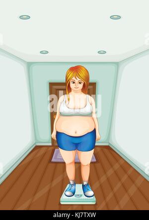 Illustration of a fat girl standing on a weighing scale Stock Vector