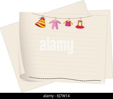 Illustration of a paper with a drawing of hanging clothes on a white background Stock Vector