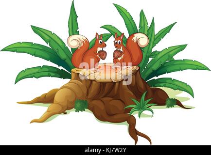 Illustration of the two squirrels above the stump on a white background Stock Vector