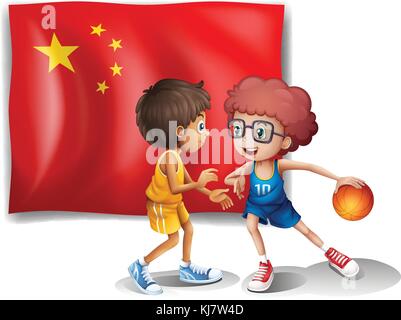Illustration of the two boys playing basketball in front of the flag of China on a white background Stock Vector