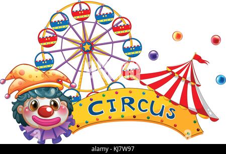 Illustration of a clown with a circus signage and a ferris wheel at the back on a white background Stock Vector