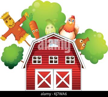 Illustration of a barn with a chicken and fruits at the back  on a white background Stock Vector