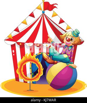 Illustration of a clown sitting  above a ball beside a ring of fire in front of a circus tent on a white background Stock Vector