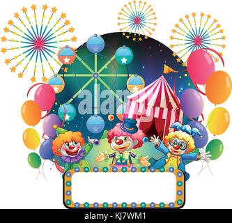 Illustration of a clown with balloons and the empty signage on a white ...