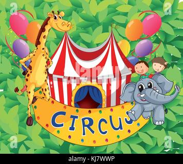Illustration of a circus tent with animals and kids Stock Vector