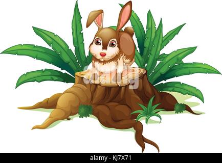 Illustration of a rabbit above the wood on a white background Stock Vector